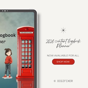 May include: A digital tablet displays a red telephone booth illustration next to a cartoon girl. The text reads "2026 content logbook planner" and "Shop Now". The background is a light beige color.