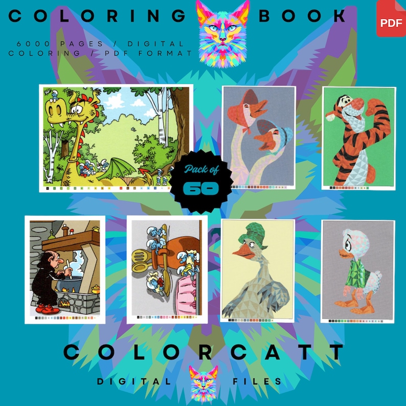 May include: A digital coloring book with the text "COLORING BOOK" and "6000 PAGES / DIGITAL COLORING / PDF FORMAT." The image features a variety of cartoon illustrations, including a dragon, geese, and a tiger. The product is labeled "Pack of 60" and branded as "COLORCATT DIGITAL FILES."