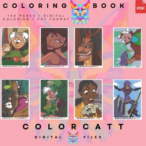 Pu&ograve; includere: Una copertina di libro da colorare digitale con il testo "COLORING BOOK" e "COLORCATT DIGITAL FILES". La copertina presenta un'illustrazione di gatto colorata e otto illustrazioni di personaggi di film d'animazione.