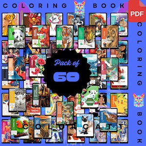 Pode incluir: Uma coleção de 60 livros para colorir com vários temas, incluindo animais, personagens da Disney e cenas da natureza. Os livros são exibidos em um fundo azul com as palavras "COLORING BOOK" e "PDF".