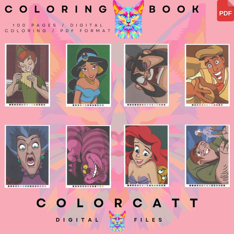 Pu&ograve; includere: Una copertina di libro da colorare digitale con il testo "COLORING BOOK" e "100 PAGES / DIGITAL COLORING / PDF FORMAT". La copertina presenta illustrazioni di personaggi dei cartoni animati, tra cui Peter Pan, Jasmine e Ariel. Viene visualizzato anche il marchio "COLORCATT".