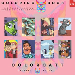 Puede incluir: Una portada de libro para colorear digital con el texto "COLORING BOOK" y "COLORCATT DIGITAL FILES". La portada presenta ilustraciones de personajes de dibujos animados y un gr&aacute;fico de gato colorido. El fondo es rosa.
