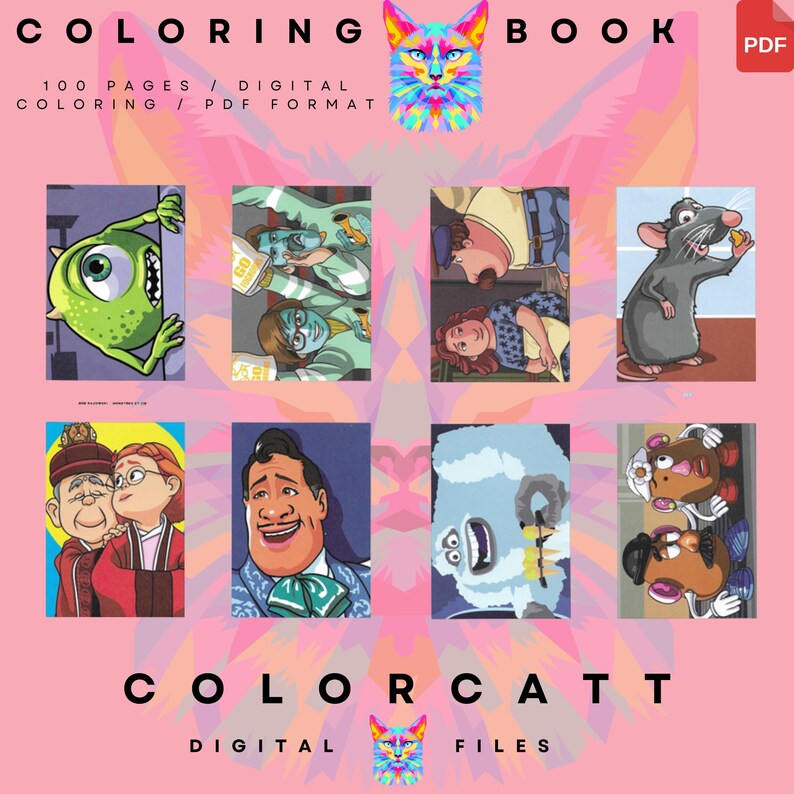 Puede incluir: Una portada de libro para colorear digital con el texto "COLORING BOOK" y "COLORCATT DIGITAL FILES". La portada presenta ilustraciones de personajes de dibujos animados y un gr&aacute;fico de gato colorido. El fondo es rosa.