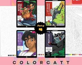 Set van 4 mysterieuze kleuren op nummer | Klassieke filmverhalen en geanimeerde vriendenkunst | Digitale pdf-kleurboeken | Klaar voor tablet en Procreate