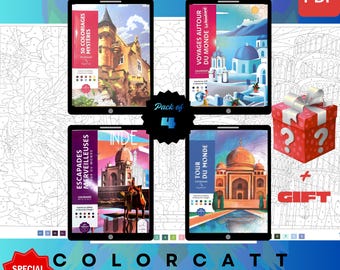 Set van 4 mysterieuze kleuren op nummer | Wereldmonumenten en wereldwijde ontsnappingskunst | Digitale pdf-kleurboeken | Klaar voor tablet en Procreate