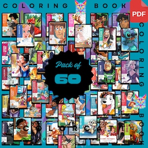 May include: A collection of 60 digital coloring book PDFs featuring various cartoon characters and themes. The image includes the text "Pack of 60" and "Coloring Book" with a PDF icon. The books showcase characters from Disney, Pixar, and Looney Tunes.