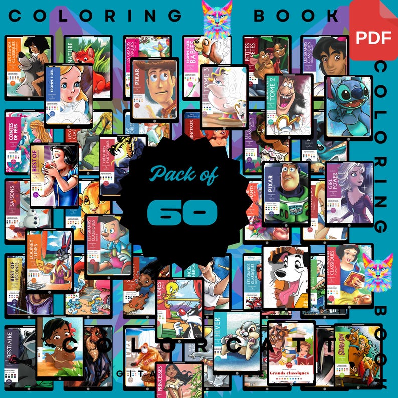 May include: A collection of 60 digital coloring book PDFs featuring various cartoon characters and themes. The image includes the text "Pack of 60" and "Coloring Book" with a PDF icon. The books showcase characters from Disney, Pixar, and Looney Tunes.