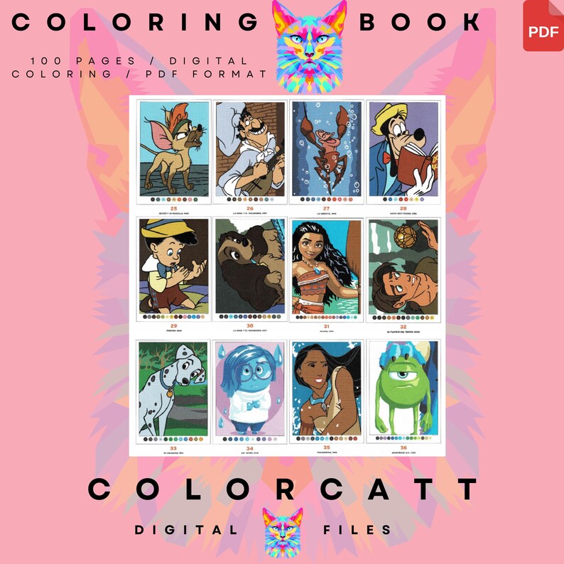 May include: A digital coloring book with 100 pages in PDF format. The cover features a colorful cat illustration and the text "COLORING BOOK." Inside, there are illustrations of cartoon characters, including Jerry, Pinocchio, and Moana.