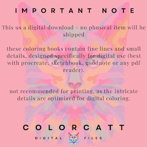 Puede incluir: Fondo rosa con texto: "IMPORTANT NOTE" y "COLORCATT DIGITAL FILES". El texto explica la descarga digital de libros para colorear con l&iacute;neas finas para uso digital, no recomendado para imprimir.