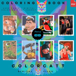 May include: A digital coloring book with a teal background. The cover features a colorful cat illustration and the text "COLORING BOOK." It includes images of various cartoon characters. The text "6000 PAGES / DIGITAL COLORING / PDF FORMAT" is also visible.