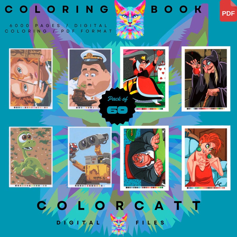 May include: A digital coloring book with a teal background. The cover features a colorful cat illustration and the text "COLORING BOOK." It includes images of various cartoon characters. The text "6000 PAGES / DIGITAL COLORING / PDF FORMAT" is also visible.