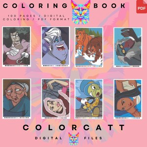 Pu&ograve; includere: Un libro da colorare digitale con sfondo rosa, con illustrazioni di vari personaggi. La copertina include il testo "COLORING BOOK" e "100 PAGINE / COLORAZIONE DIGITALE / FORMATO PDF". La parte inferiore dell'immagine recita "COLORCATT DIGITAL FILES".