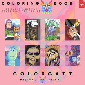 Puede incluir: Un libro para colorear digital con un fondo rosa que presenta personajes de dibujos animados. La portada dice "COLORING BOOK" y "COLORCATT DIGITAL FILES". El libro incluye 100 p&aacute;ginas en formato PDF, con im&aacute;genes de Buzz Lightyear, un gato y otros personajes.