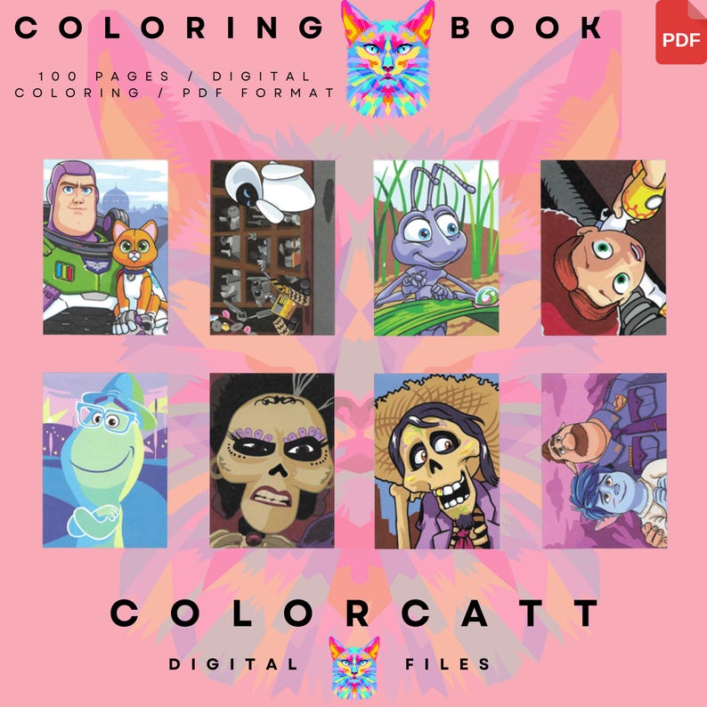 Puede incluir: Un libro para colorear digital con un fondo rosa que presenta personajes de dibujos animados. La portada dice "COLORING BOOK" y "COLORCATT DIGITAL FILES". El libro incluye 100 p&aacute;ginas en formato PDF, con im&aacute;genes de Buzz Lightyear, un gato y otros personajes.