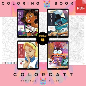 Peut inclure: Un lot de quatre fichiers de livres de coloriage numériques. Chaque fichier présente un personnage différent, dont un portrait Disney et des personnages de "Les Grands Classiques" et "Best of Pixar". Le texte "COLORCATT DIGITAL FILES" est en bas.