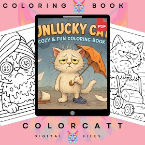 May include: Digital coloring book titled "Unlucky Cat" with a sad cat illustration on a tablet. The cover art shows a beige cat holding an orange umbrella in the rain. The words "COZY & FUN COLORING BOOK" are also visible. The words "COLORING BOOK" and "DIGITAL FILES" are at the top and bottom.
