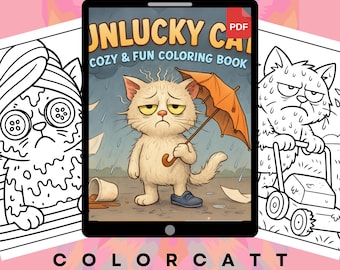 Libro para colorear de Grumpy Cat en PDF / 45 escenas de la vida de gatos tristes y desafortunados / Páginas para colorear digitales imprimibles / Regalo para amantes de los gatos (Procreate)