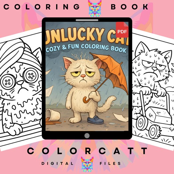 Funny Grumpy Cat Coloring Book PDF | 45 Unlucky and Sad Cat Life Scenes | Digital Printable Coloring Pages | Gift for Cat Lovers Procreate