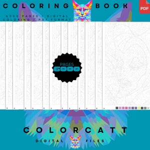 May include: Digital coloring book with 6000 pages in PDF format. The cover features a colorful cat illustration and the text "COLORING BOOK". The image also includes the text "COLORCATT DIGITAL FILES".