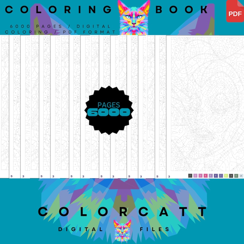 May include: Digital coloring book with 6000 pages in PDF format. The cover features a colorful cat illustration and the text "COLORING BOOK". The image also includes the text "COLORCATT DIGITAL FILES".