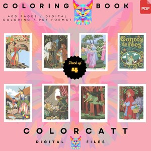 May include: A digital coloring book pack featuring eight illustrations with fairy tale themes. The cover art includes the text "COLORING BOOK" and "COLORCATT DIGITAL FILES". The pack includes 400 pages in PDF format.