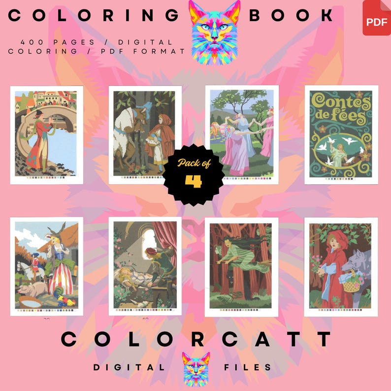 May include: A digital coloring book pack featuring eight illustrations with fairy tale themes. The cover art includes the text "COLORING BOOK" and "COLORCATT DIGITAL FILES". The pack includes 400 pages in PDF format.
