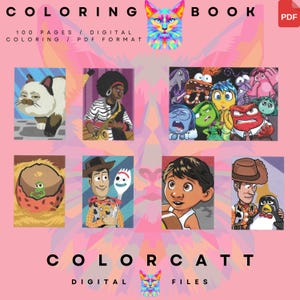 Puede incluir: Un libro para colorear digital con fondo rosa. La portada presenta una ilustraci&oacute;n de gato colorido y las palabras "COLORING BOOK". En el interior hay ilustraciones de personajes de varias pel&iacute;culas y programas de animaci&oacute;n. El texto dice "100 PAGES / DIGITAL COLORING / PDF FORMAT."