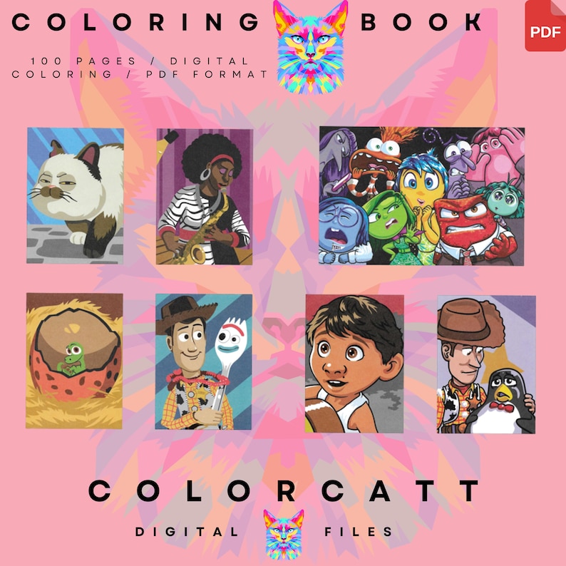 Puede incluir: Un libro para colorear digital con fondo rosa. La portada presenta una ilustraci&oacute;n de gato colorido y las palabras "COLORING BOOK". En el interior hay ilustraciones de personajes de varias pel&iacute;culas y programas de animaci&oacute;n. El texto dice "100 PAGES / DIGITAL COLORING / PDF FORMAT."