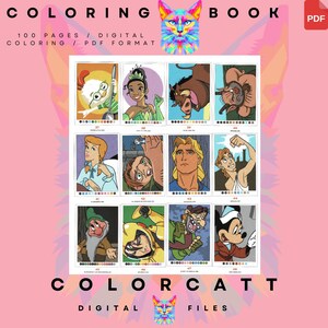 May include: A digital coloring book with 100 pages in PDF format. The cover features a colorful cat illustration. Inside, there are multiple character illustrations, including a princess, a dwarf, and a mouse. The text on the cover says "COLORING BOOK" and "COLORCATT DIGITAL FILES."