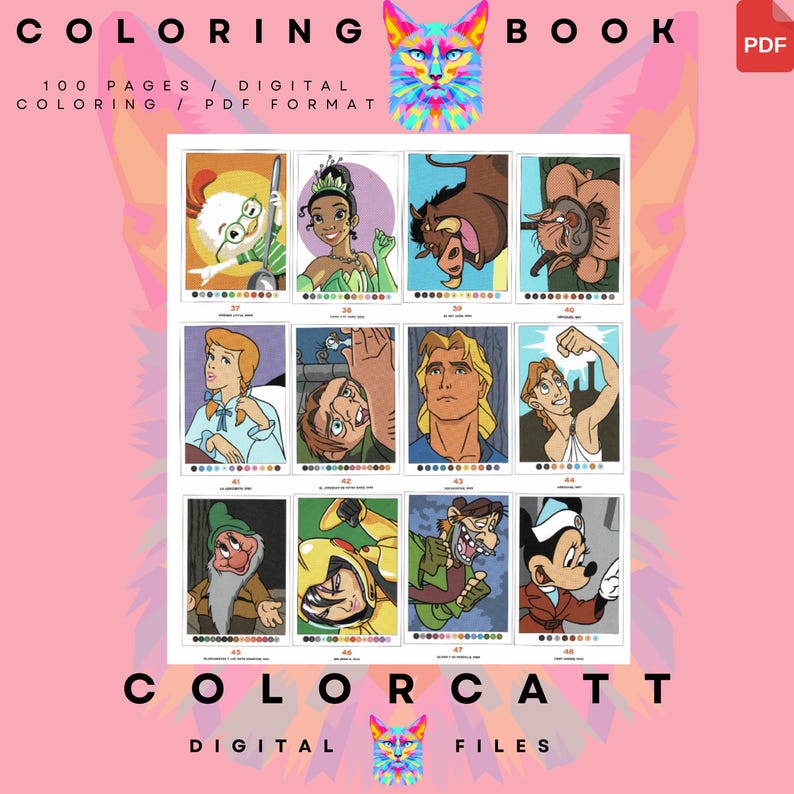 May include: A digital coloring book with 100 pages in PDF format. The cover features a colorful cat illustration. Inside, there are multiple character illustrations, including a princess, a dwarf, and a mouse. The text on the cover says "COLORING BOOK" and "COLORCATT DIGITAL FILES."
