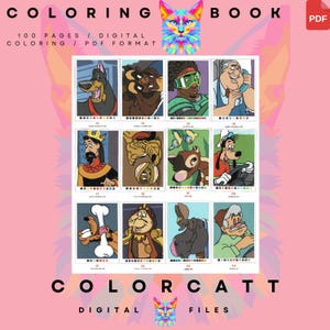 May include: A digital coloring book with 100 pages in PDF format. The cover features a colorful cat illustration and the text "COLORING BOOK." Inside, there are several cartoon character illustrations, including a dog, bear, and king. The text "COLORCATT" is also visible.