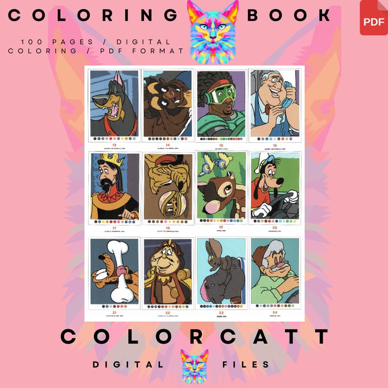 May include: A digital coloring book with 100 pages in PDF format. The cover features a colorful cat illustration and the text "COLORING BOOK." Inside, there are several cartoon character illustrations, including a dog, bear, and king. The text "COLORCATT" is also visible.
