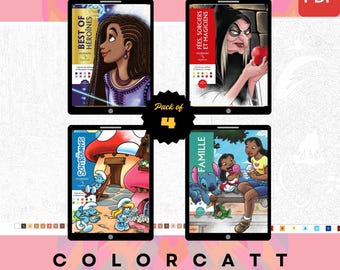 Set van 4 mysterieuze kleuren op nummer | Magisch dorp en heroïsche tovenarijkunst | Digitale pdf-kleurboeken | Klaar voor tablet en Procreate