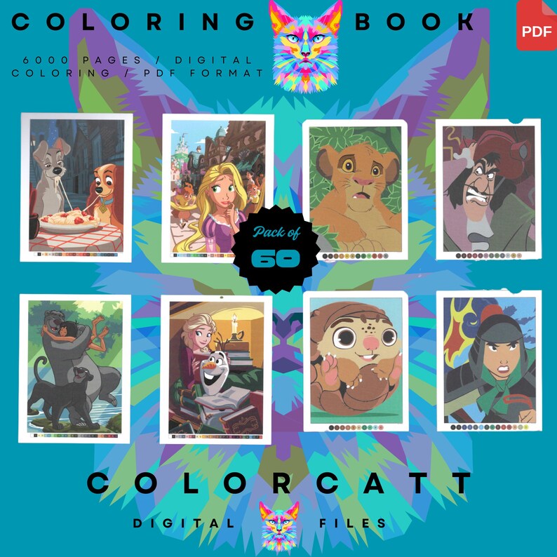 May include: A digital coloring book pack featuring 60 pages with various cartoon characters. The cover includes the text "COLORING BOOK" and "6000 PAGES / DIGITAL COLORING / PDF FORMAT". The design incorporates a colorful cat graphic.