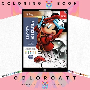 Puede incluir: Un archivo de libro para colorear digital mostrado en una pantalla de tableta con Mickey Mouse en un abrigo y sombrero rojos. La portada incluye el texto Mickey & Friends, Coloriages mystères y Art Thérapie. Un icono PDF es visible arriba.
