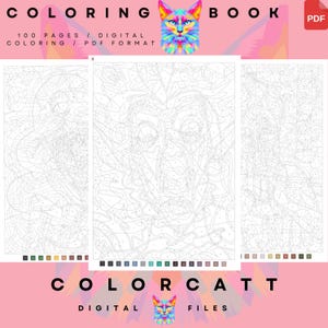 Pu&ograve; includere: Libro da colorare digitale con 100 pagine in formato PDF. La copertina presenta un'illustrazione geometrica colorata di un gatto. Le pagine interne mostrano disegni a tratteggio con sezioni numerate da colorare. Il testo sulla copertina dice "COLORING BOOK". Il testo in basso dice "COLORCATT DIGITAL FILES".