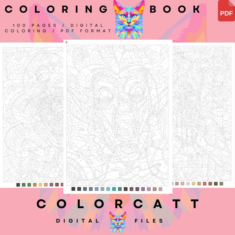 Pu&ograve; includere: Libro da colorare digitale con 100 pagine in formato PDF. La copertina presenta un'illustrazione geometrica colorata di un gatto. Le pagine interne mostrano disegni a tratteggio con sezioni numerate da colorare. Il testo sulla copertina dice "COLORING BOOK". Il testo in basso dice "COLORCATT DIGITAL FILES".