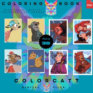 May include: A digital coloring book with a teal background. The cover features a colorful cat illustration and the text "COLORING BOOK." It includes images of cartoon characters like Goofy, Baloo, and Ariel. The text "Pack of 30" is also visible.