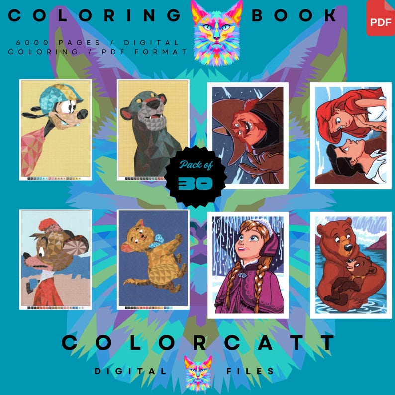 May include: A digital coloring book with a teal background. The cover features a colorful cat illustration and the text "COLORING BOOK." It includes images of cartoon characters like Goofy, Baloo, and Ariel. The text "Pack of 30" is also visible.