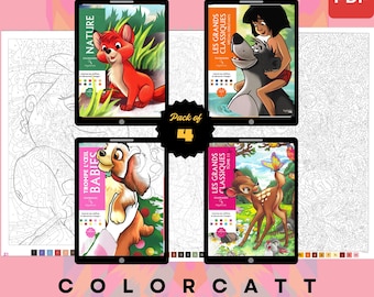 Set van 4 mysterieuze kleuren op nummer | Kunst over bosbaby's en jungleverhalen | Digitale pdf-kleurboeken | Tablet en Procreate Ready-bundel