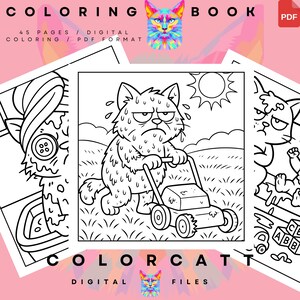 May include: A digital coloring book with a pink background. The cover features a colorful cat illustration and the words "COLORING BOOK". Inside, a black and white illustration of a cat pushing a lawnmower under the sun. The text "COLORCAT" is also visible.
