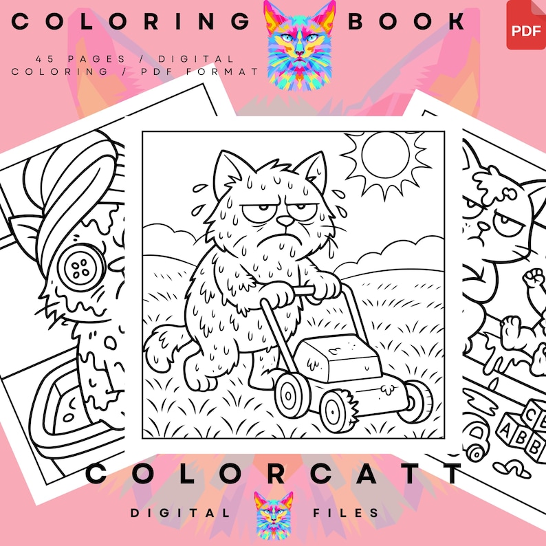 May include: A digital coloring book with a pink background. The cover features a colorful cat illustration and the words "COLORING BOOK". Inside, a black and white illustration of a cat pushing a lawnmower under the sun. The text "COLORCAT" is also visible.