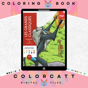 May include: A digital coloring book file titled Les Grands Classiques Coloriages Mystères featuring a colorful illustration of a mandrill holding a cub aloft in a grassy field with a giraffe nearby. The PDF includes a color key and numbered outlines.