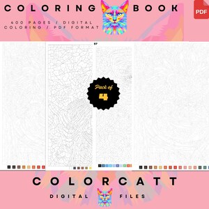 May include: Digital coloring book with the text "COLORING BOOK" and "COLORCATT DIGITAL FILES". The image features a colorful cat illustration and four pages of line art. The text reads "400 PAGES / DIGITAL COLORING / PDF FORMAT".