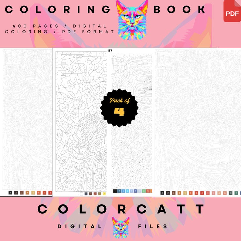 May include: Digital coloring book with the text "COLORING BOOK" and "COLORCATT DIGITAL FILES". The image features a colorful cat illustration and four pages of line art. The text reads "400 PAGES / DIGITAL COLORING / PDF FORMAT".