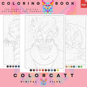 May include: Digital coloring book with three character outlines, including Ursula. The book cover features the text "COLORING BOOK" and "100 PAGES / DIGITAL COLORING / PDF FORMAT." The ColorCatt logo is also visible.