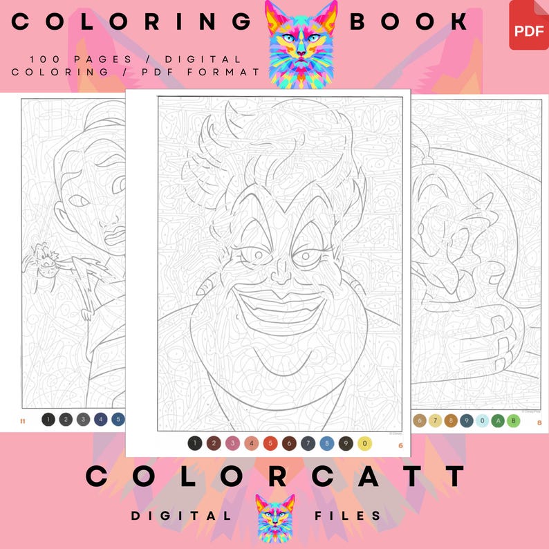 May include: Digital coloring book with three character outlines, including Ursula. The book cover features the text "COLORING BOOK" and "100 PAGES / DIGITAL COLORING / PDF FORMAT." The ColorCatt logo is also visible.