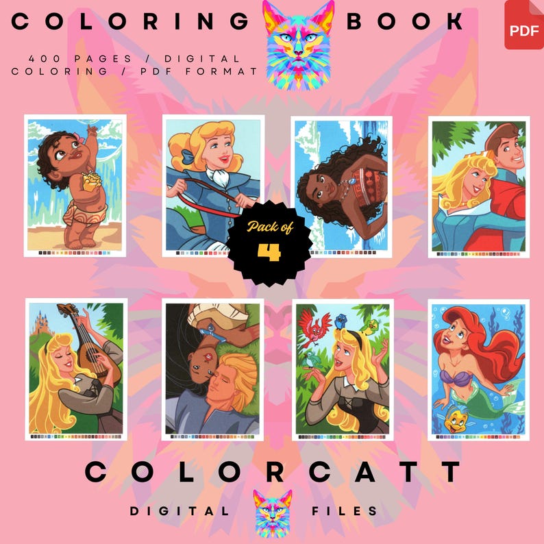 May include: A digital coloring book pack featuring illustrations of animated characters. The cover includes the text "COLORING BOOK" and "COLORCATT DIGITAL FILES". The pack includes 400 pages of digital coloring in PDF format.