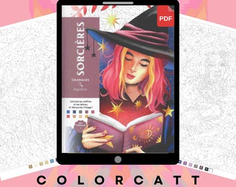 Witch Mystery Coloring Book PDF, 105 Paint by Number Pages, Celestial Magic Witches, Black Cat Spellbook, Instant Download Pack