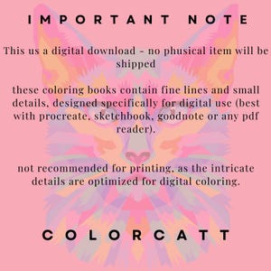 May include: Pink background with text reading "IMPORTANT NOTE" and "COLORCATT". The image features a colorful geometric cat face. The text states this is a digital download, not for printing, and designed for digital use.